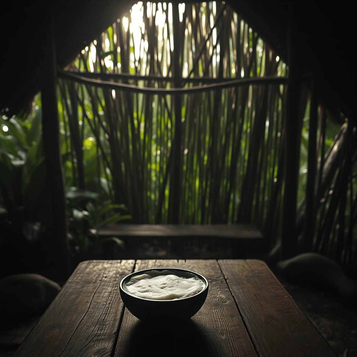 A serene hut surrounded by lush greenery, featuring a rustic wooden table with a bowl of frothy Kava drink, illuminated by soft natural light.