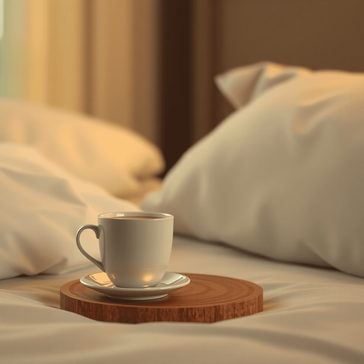 A cup of kava tea on a bedside table, surrounded by soft pillows and gentle dim lighting, creating a serene atmosphere for relaxation and restful sleep.