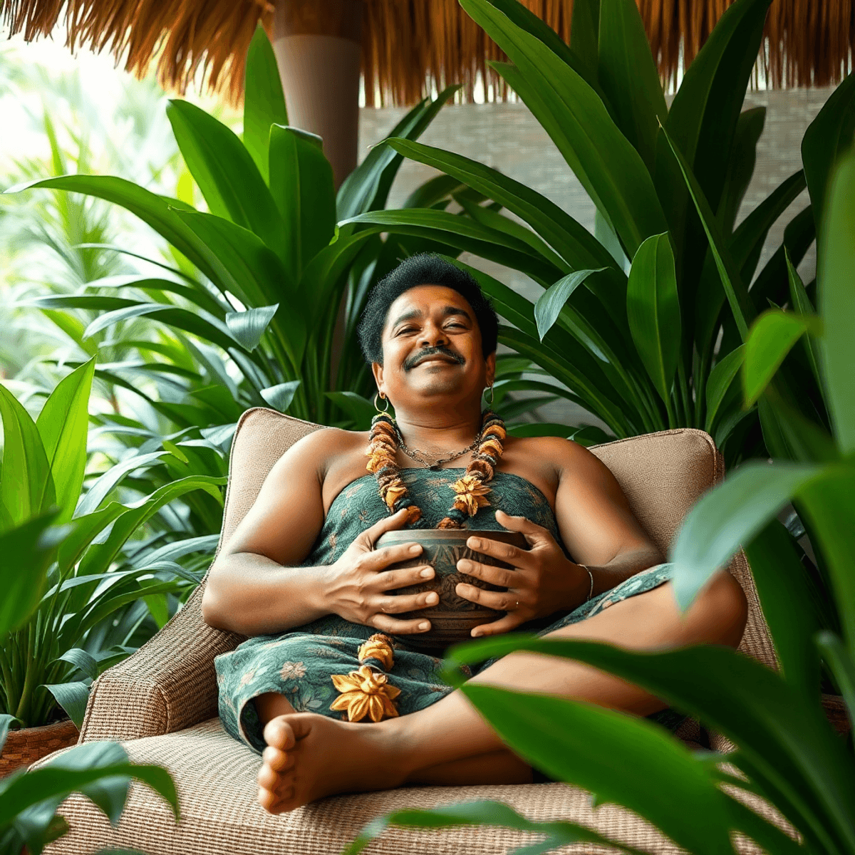 A person relaxes in a lush outdoor space, surrounded by tropical plants, holding a kava bowl, embodying tranquility and the soothing essence of relaxation.