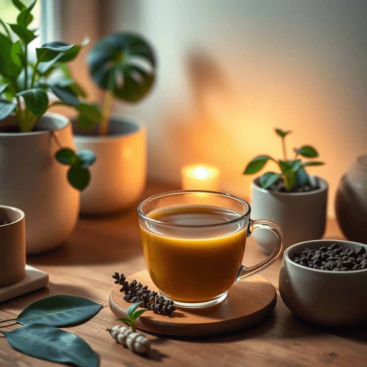 A cozy workspace with a cup of kava tea, surrounded by plants and soft lighting, creating a calming atmosphere for focus and mental clarity.