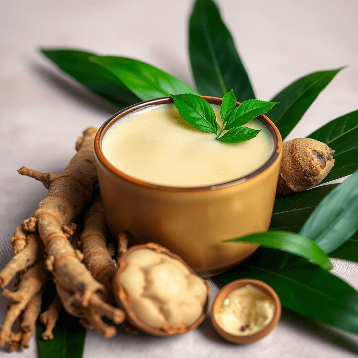 A close-up of a kava drink in a traditional bowl, surrounded by fresh kava roots and tropical leaves, set against a soft, calming background.