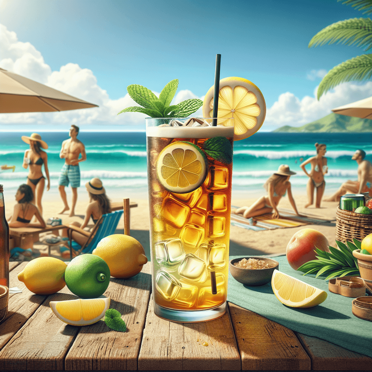 A hyper-realistic illustration of a sunny beach scene featuring a tall glass on a rustic wooden table, filled with a layered Kava Arnold Palmer drink, showcasin