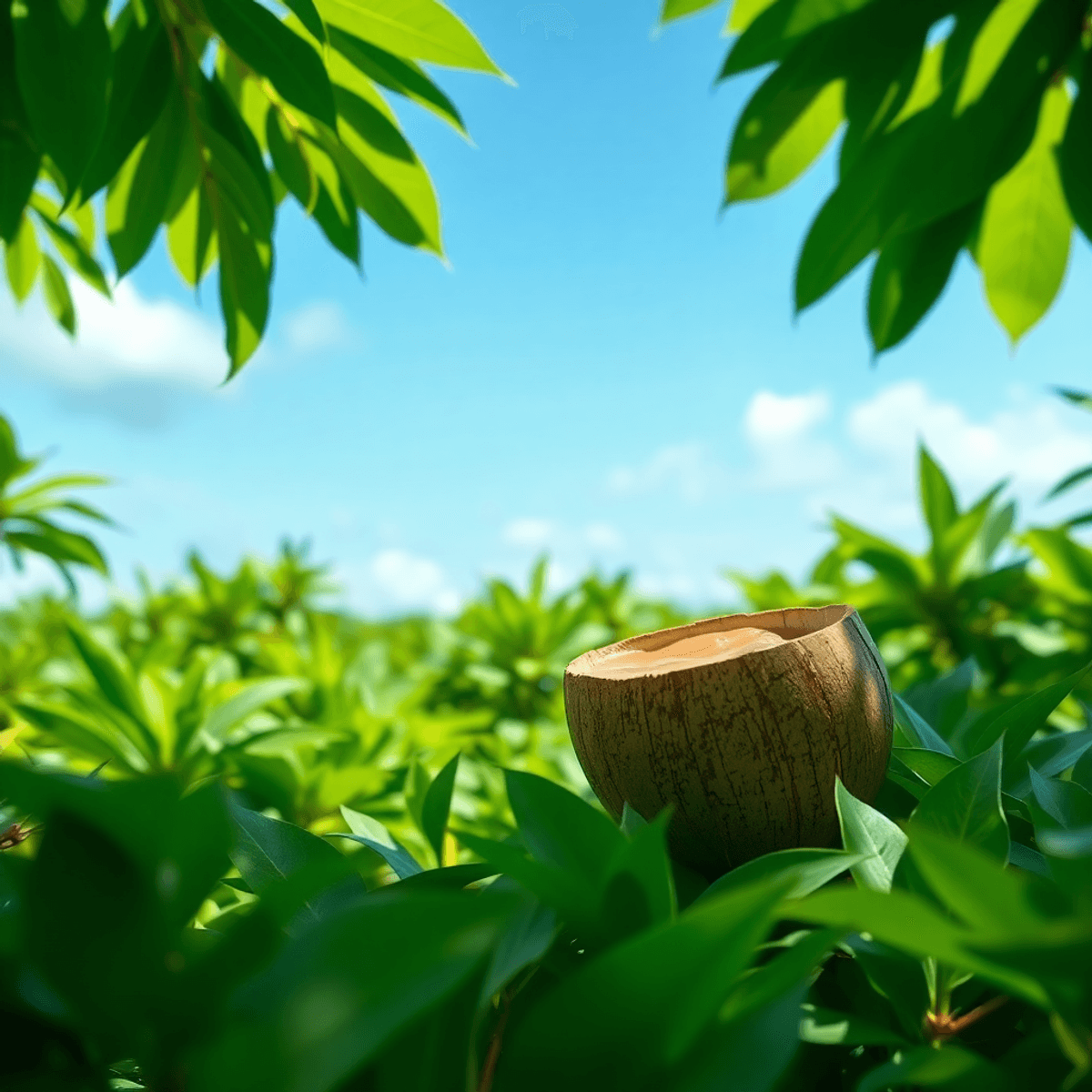 A coconut shell filled with kava sits among lush green plants under a bright blue sky, evoking tranquility and highlighting the beauty of nature amidst climate 