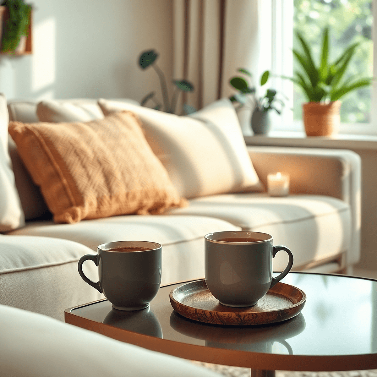 A cozy living room with a comfortable couch, soft lighting, a cup of kava tea on a side table, and calming elements like plants and candles for relaxation.