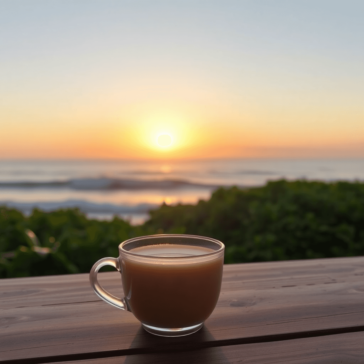 A tranquil sunrise with a cup of kava tea on a wooden table, surrounded by soft greenery and gentle waves, evoking calmness and balance.