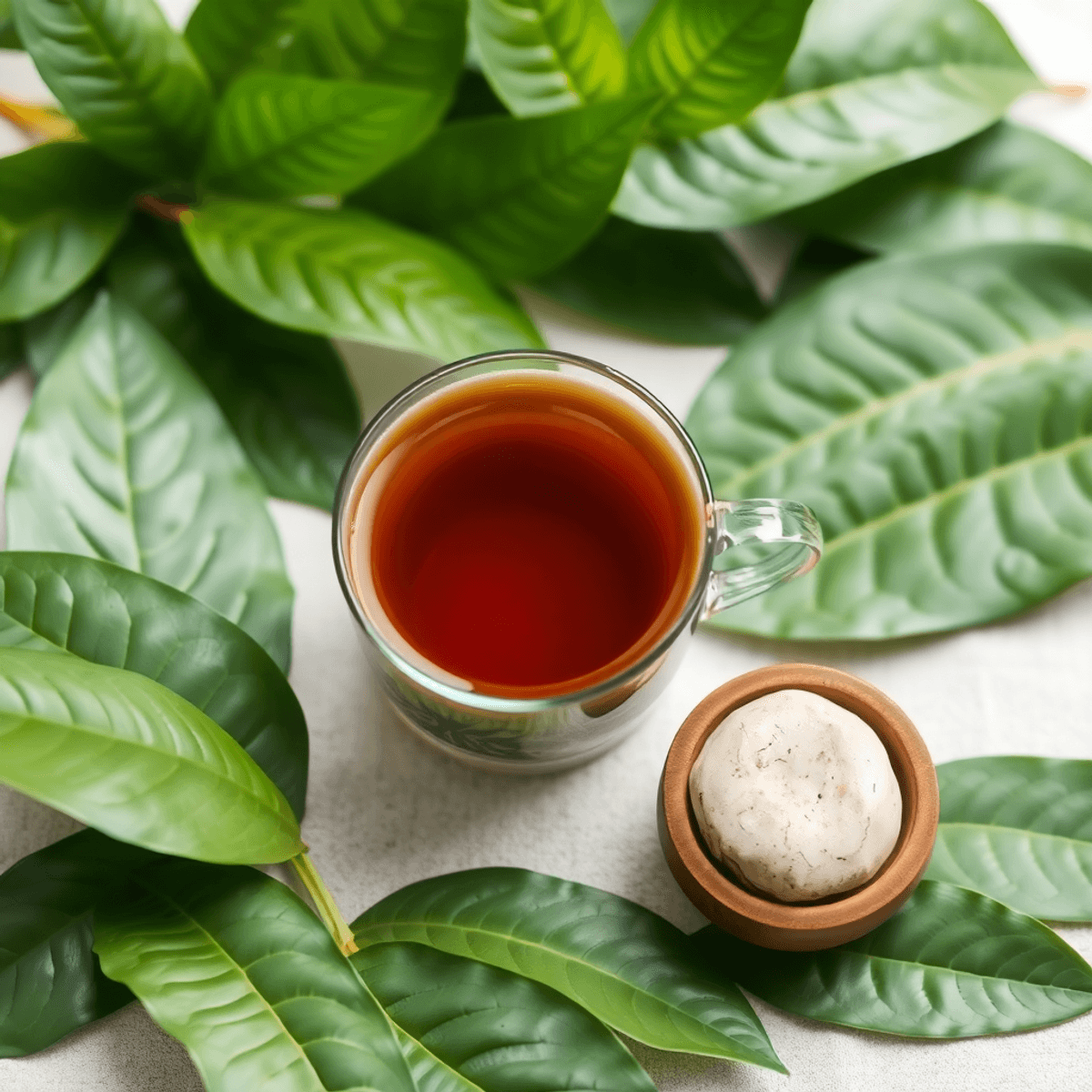 A cup of kava tea surrounded by lush green leaves, a small stone and wooden bowl nearby, all in soft lighting to create a tranquil and calming atmosphere.