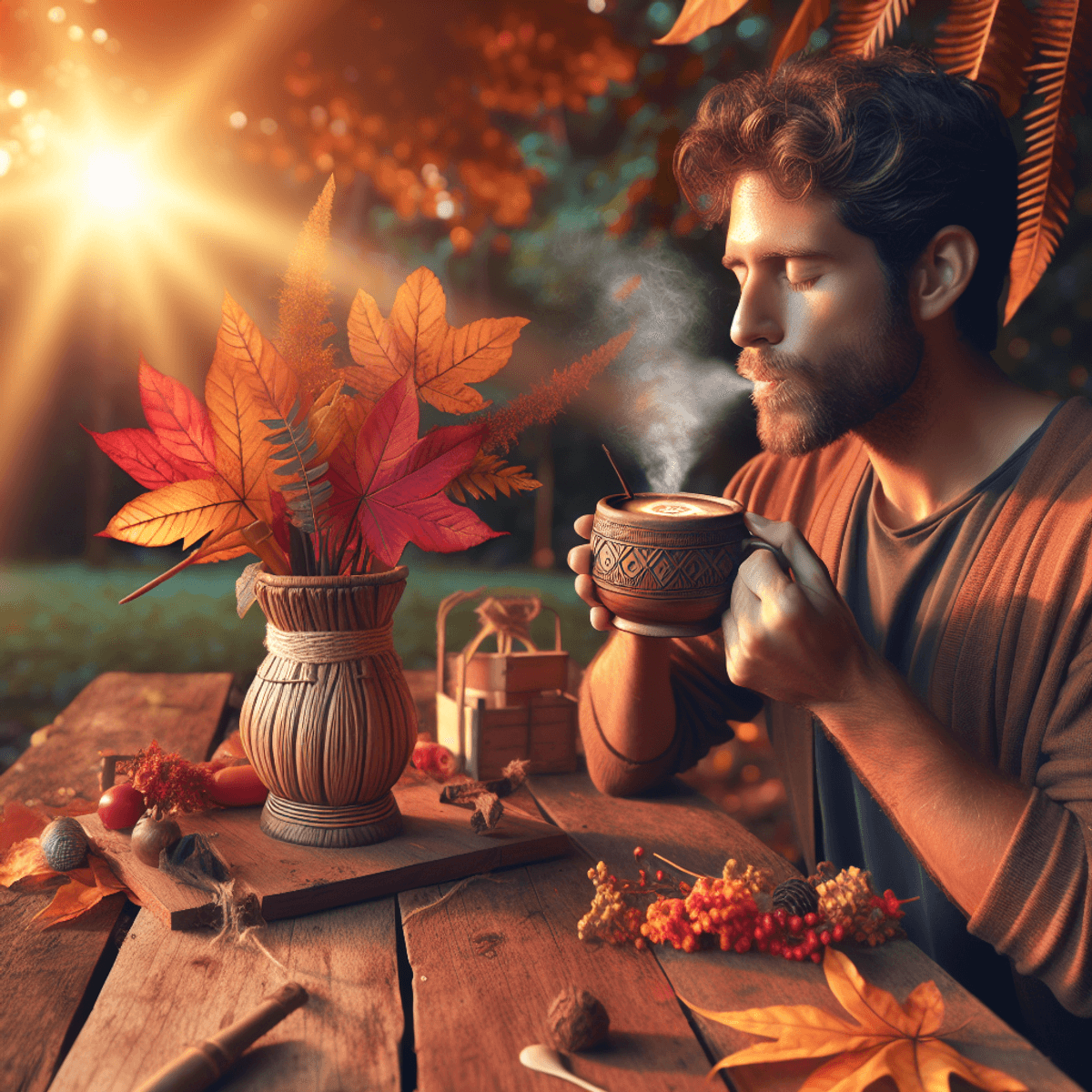 A wooden table under leafy trees, covered with vibrant autumn leaves and seasonal decorations. A Hispanic individual sits happily, sipping a steaming cup of kav