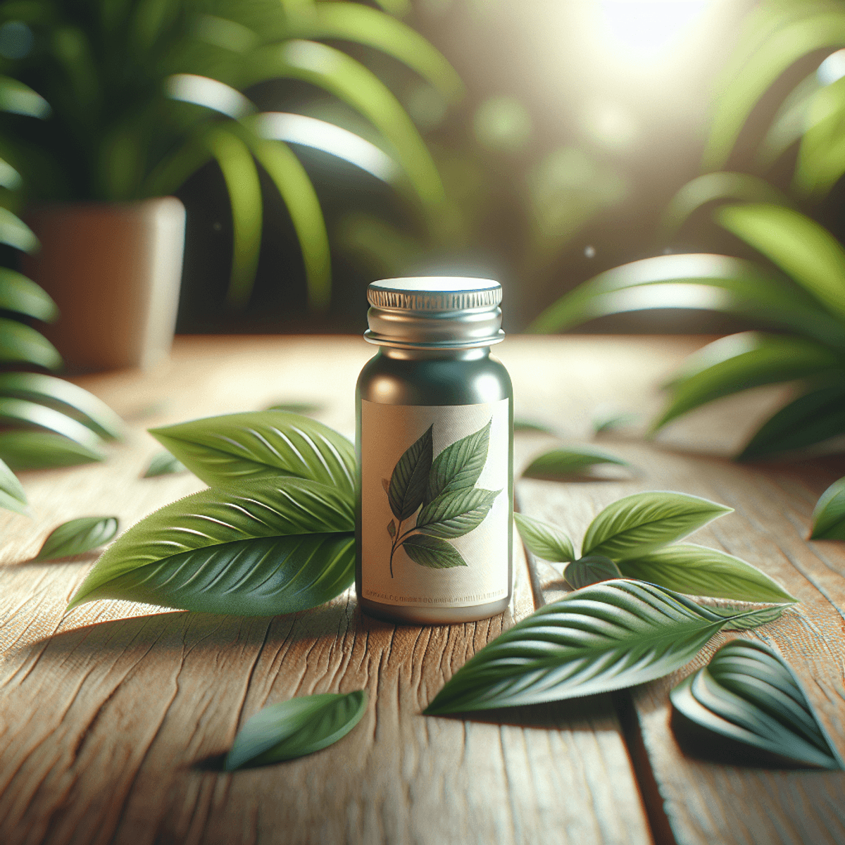 A small, elegantly designed bottle of herbal shots sits on a rustic wooden table, surrounded by fresh, vibrant tropical leaves, with a blurred background and wa