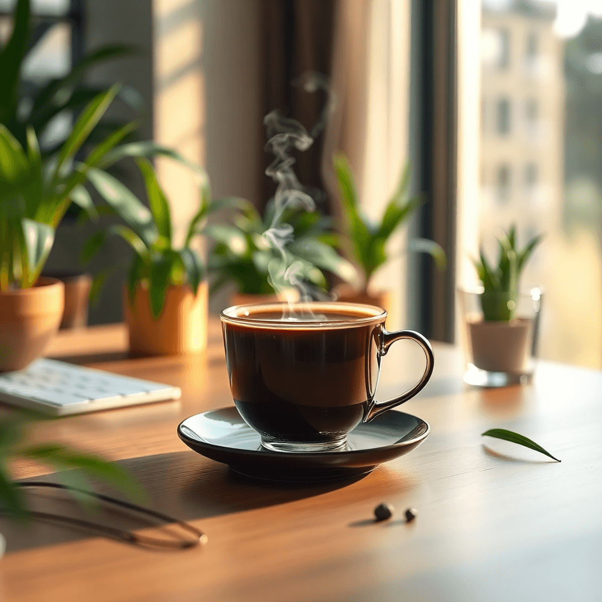 A cozy office space with a steaming cup of kava on a desk, surrounded by lush plants and soft lighting, promoting relaxation and rejuvenation.