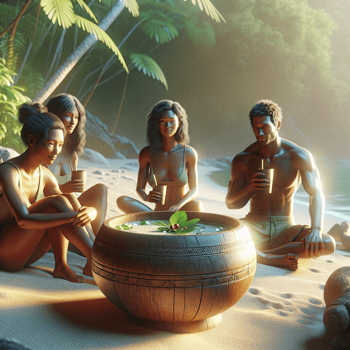 A serene South Pacific beach scene bathed in soft sunlight, featuring a traditional wooden kava bowl filled with kava in the foreground. An inclusive group of f