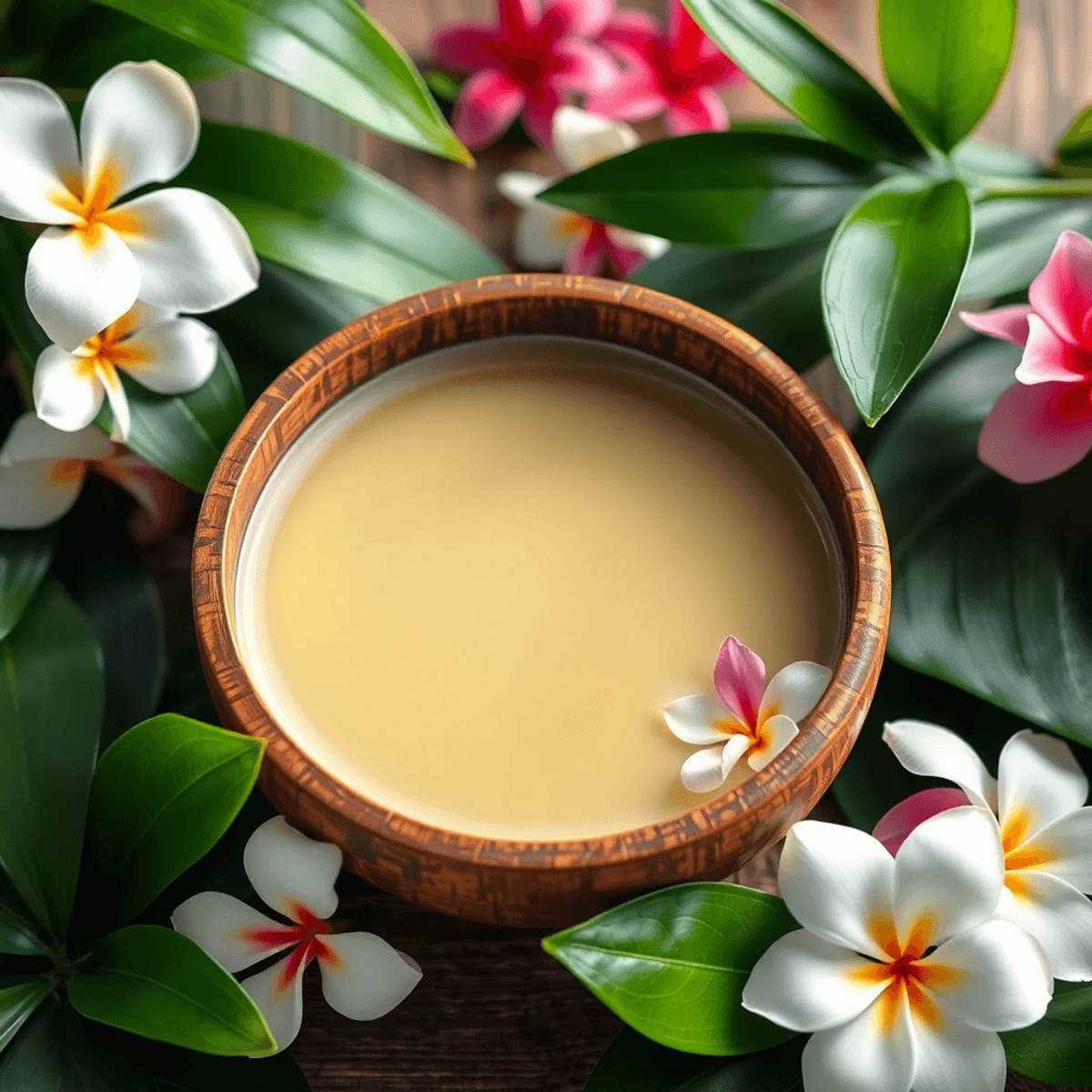 A traditional kava drink in a bowl surrounded by vibrant tropical leaves and flowers, creating a serene and calming atmosphere.