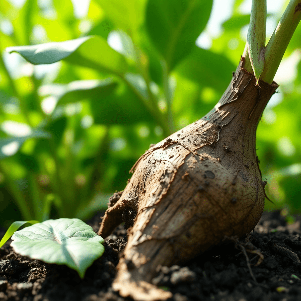 Close-up of kava root on rich soil, surrounded by vibrant green leaves and sunlight, highlighting its natural growing conditions.