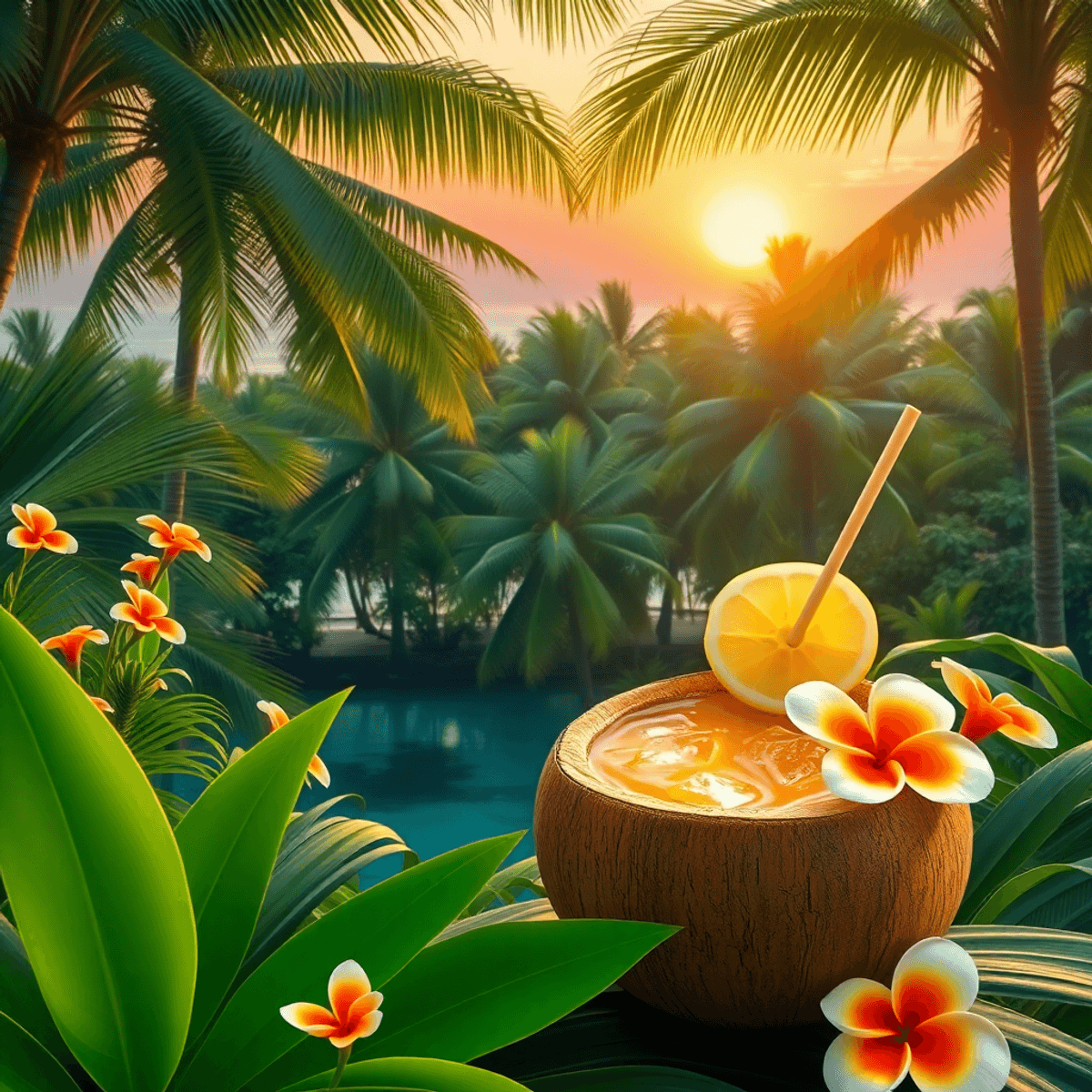 A refreshing kava drink in a coconut shell surrounded by lush palm trees and vibrant flowers, with a soft sunset creating a tranquil atmosphere.