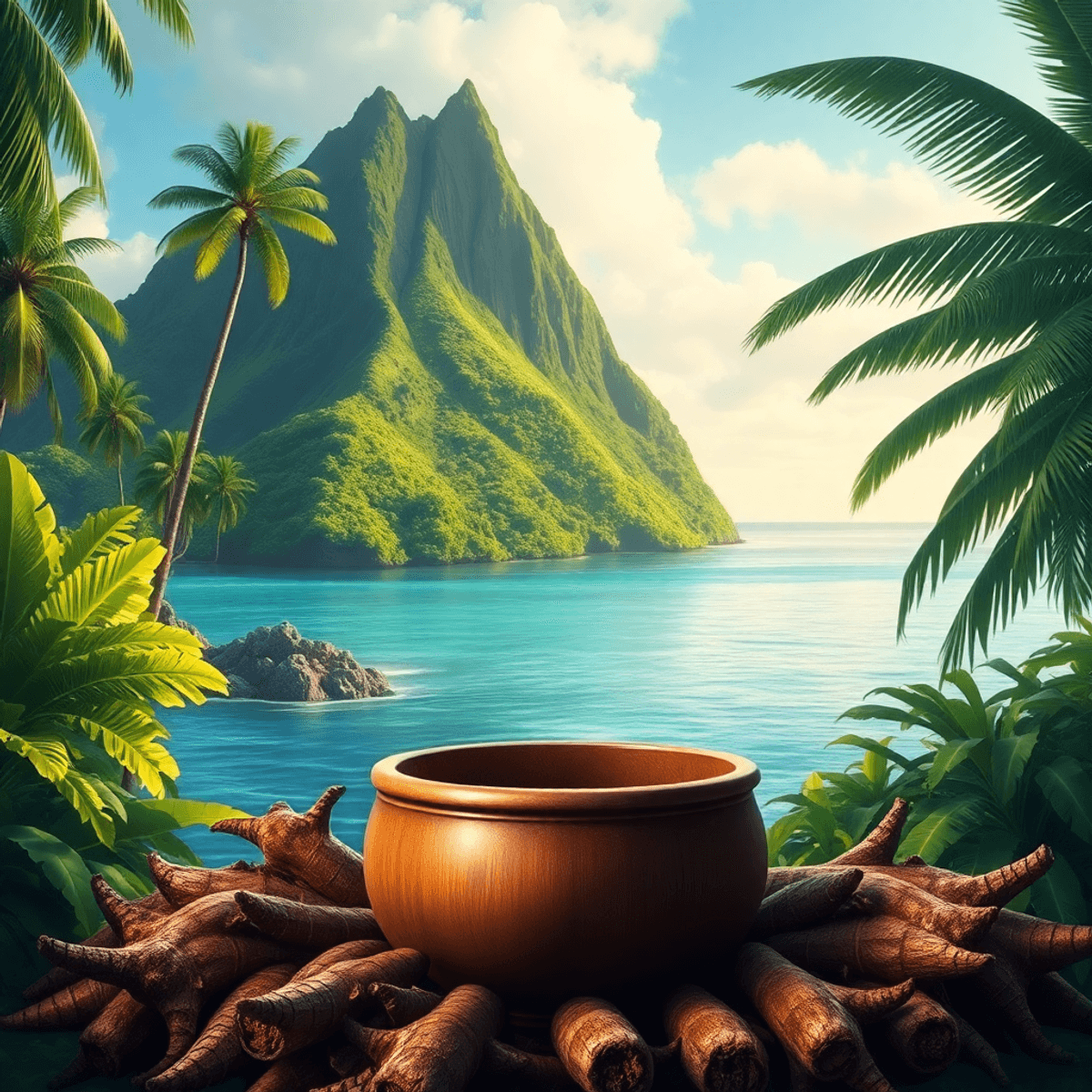 A lush tropical island with vibrant greenery, a calm ocean, and a traditional kava bowl surrounded by kava roots, showcasing cultural heritage and natural beaut