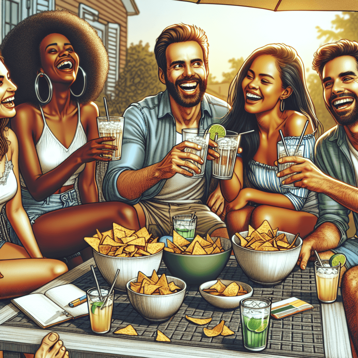 A diverse group of friends gathered around an outdoor table, laughing and enjoying each other's company. A Black woman is sipping from her glass with a big smil