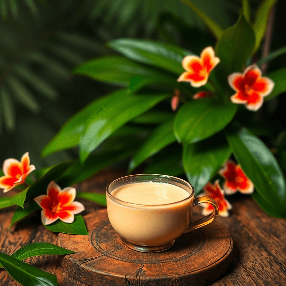 A warm cup of Kava on a wooden table, surrounded by lush green leaves and vibrant tropical flowers, creating a peaceful and relaxing atmosphere.