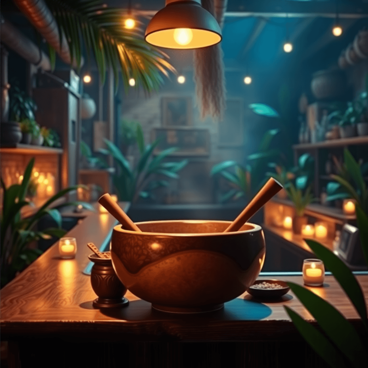 A cozy bar with dim lighting, a wooden counter, and a traditional kava bowl, surrounded by tropical plants, creating a warm and inviting atmosphere.