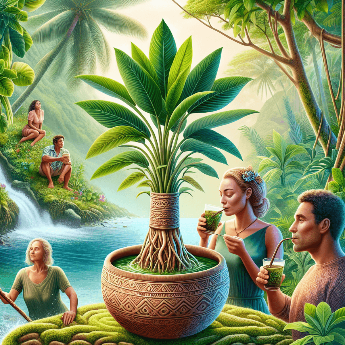 A vibrant tropical scene featuring a flourishing kava plant with lush green leaves and prominent roots in the foreground. Beside it is a traditional bowl filled