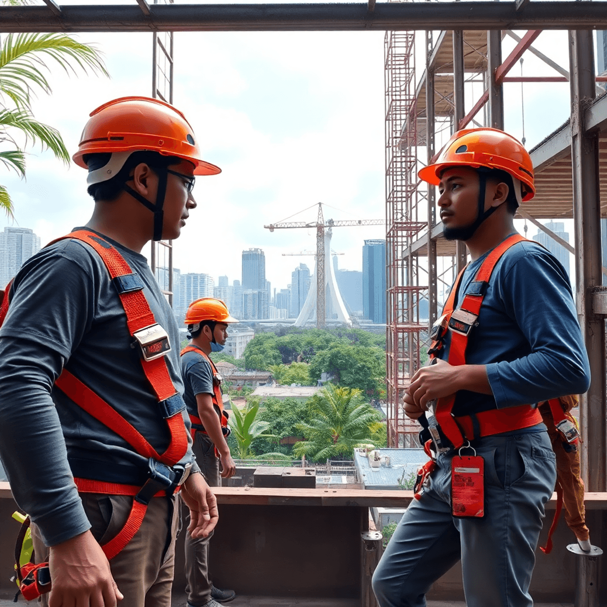 A busy construction site in Manila with workers in safety gear, innovative scaffolding, and a backdrop of the urban skyline and tropical plants, symbolizing pro