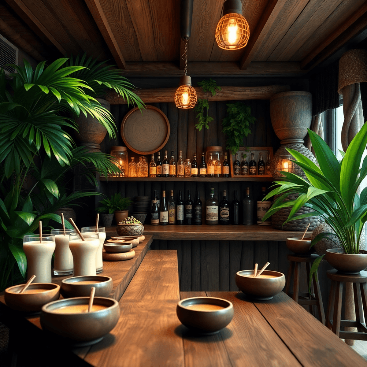 A cozy kava bar interior with a wooden counter showcasing traditional kava drinks in bowls, surrounded by vibrant tropical plants and soft ambient lighting, cre