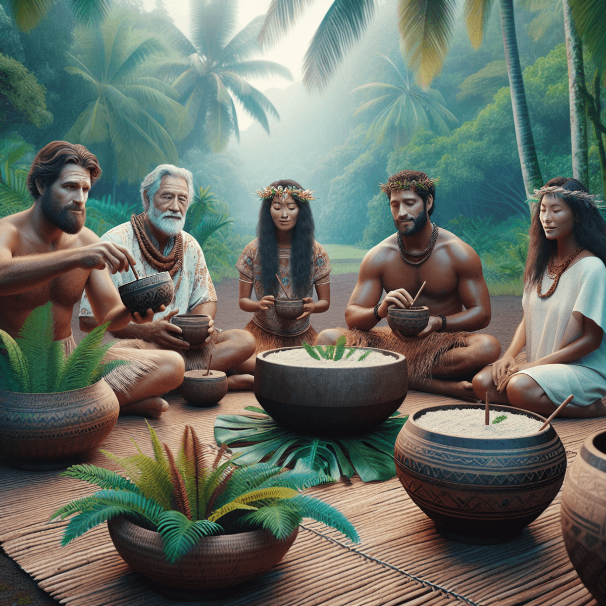 A multiethnic group of individuals, including a Caucasian man, an Asian woman, and a Hispanic man, seated on woven mats, engaged in a traditional kava ceremony.