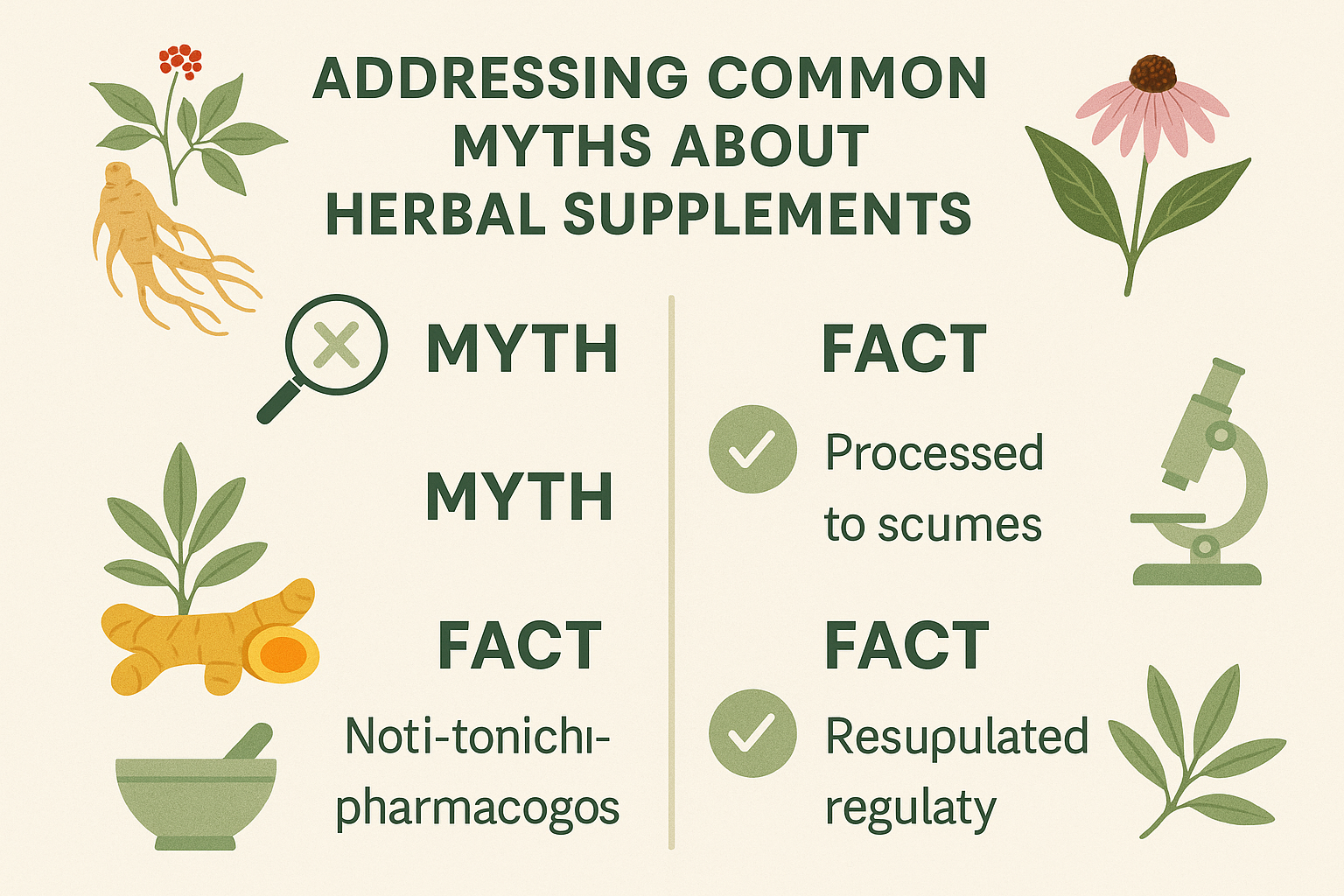 Various herbal supplements in capsules, powders, and fresh herbs on a wooden surface, accompanied by question marks, representing the process of addressing common myths about herbal supplements.
