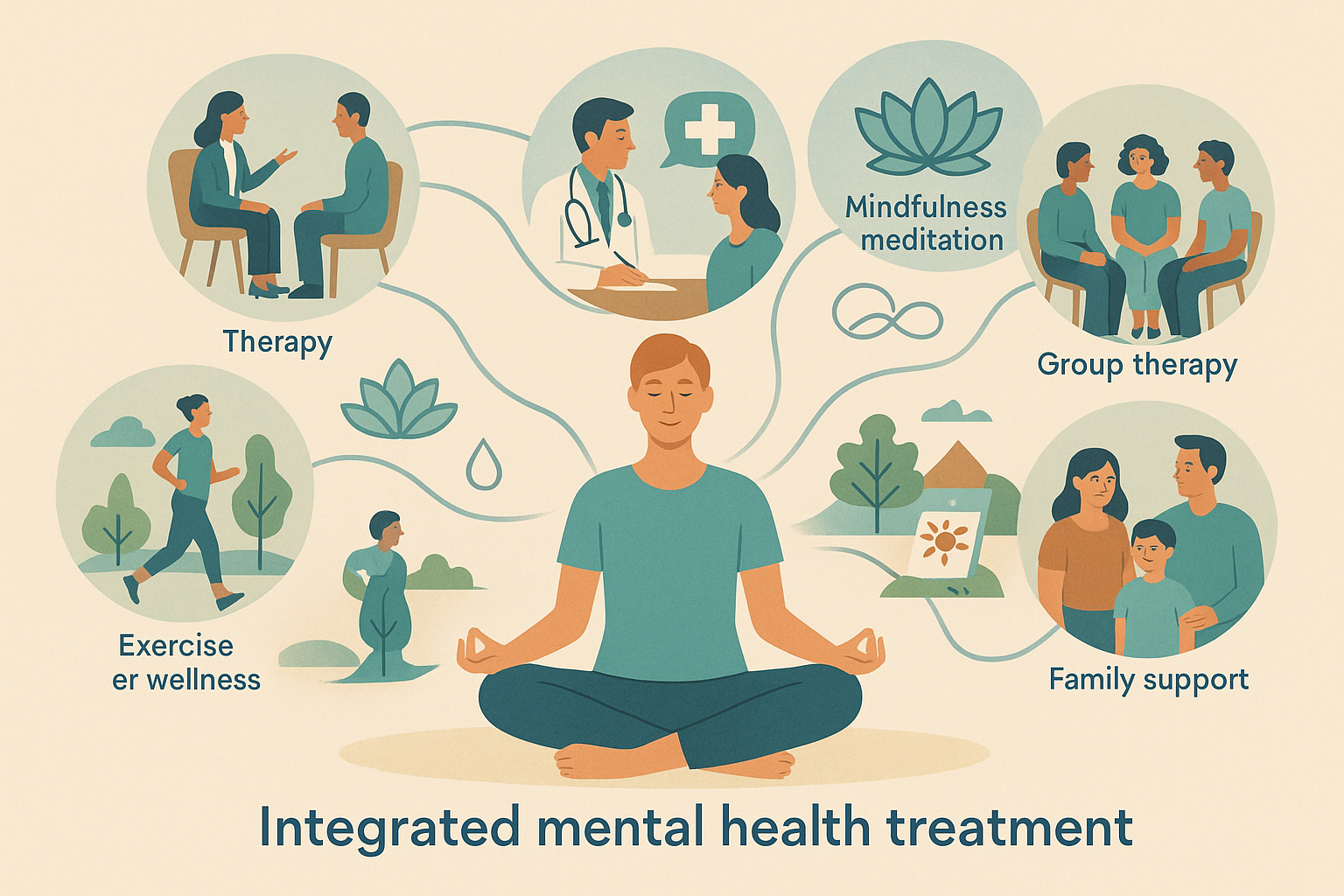 A calm and welcoming therapy setting with plants, a notebook, and a cup of tea, representing an integrated approach to mental health treatment combining various methods.