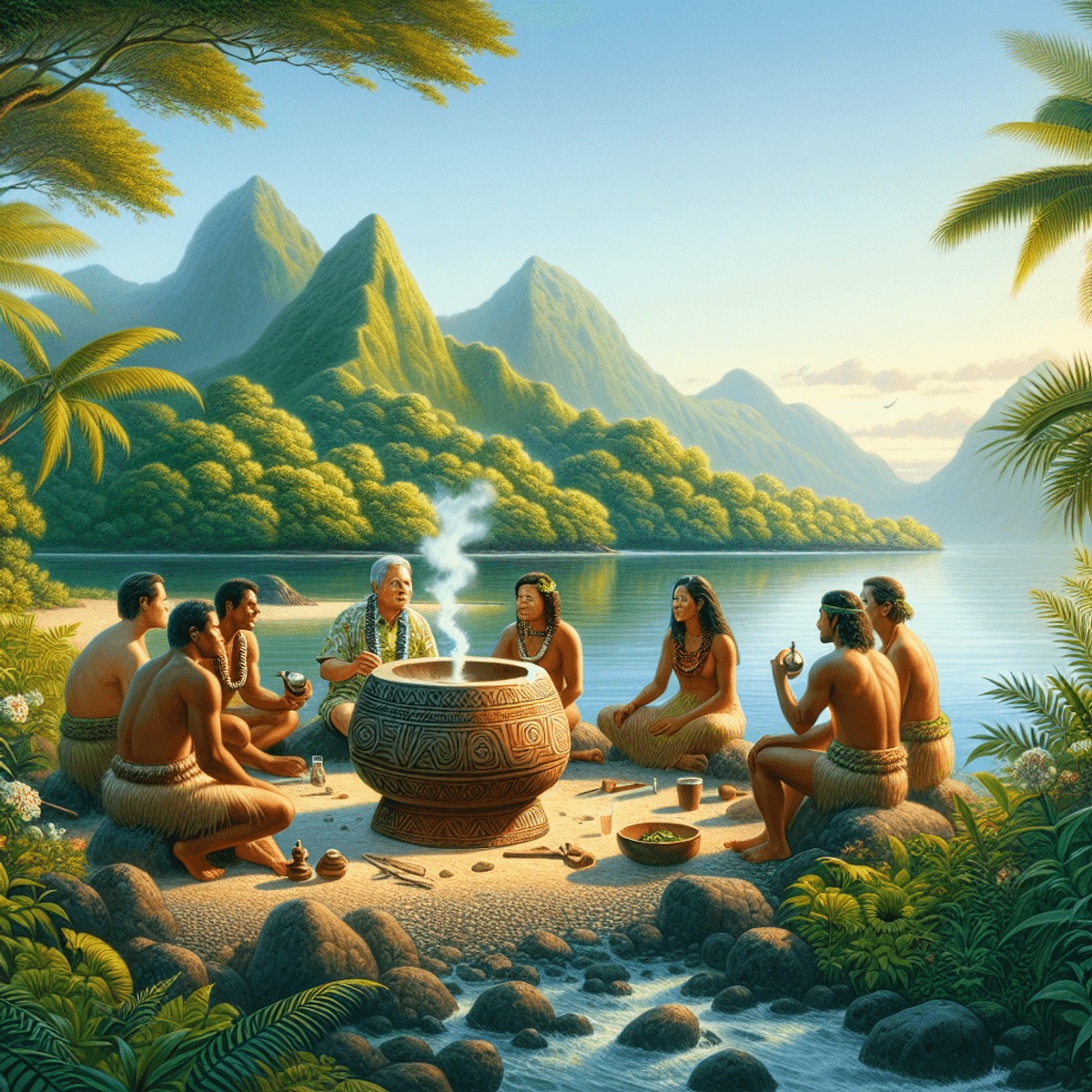 A serene Pacific Island scene featuring individuals of Caucasian, Asian, and Hispanic descent participating in a traditional Kava ceremony. They are engaged in 