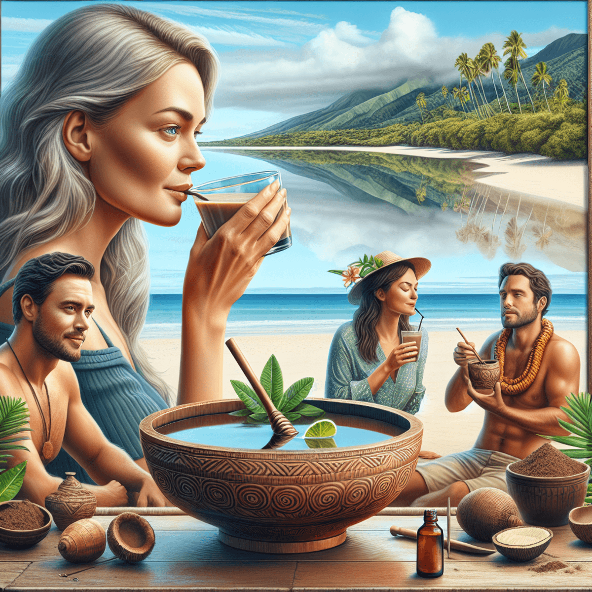 A serene South Pacific beach scene featuring a traditional Kava bowl and cup in the foreground. A Caucasian woman is sipping her Kava drink, while a Hispanic ma