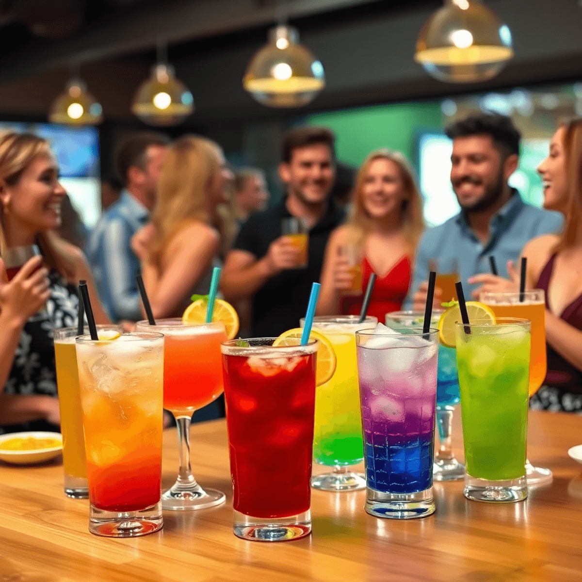 A lively social gathering with colorful non-alcoholic cocktails on a table, people smiling and laughing in the background, creating a vibrant atmosphere of comm