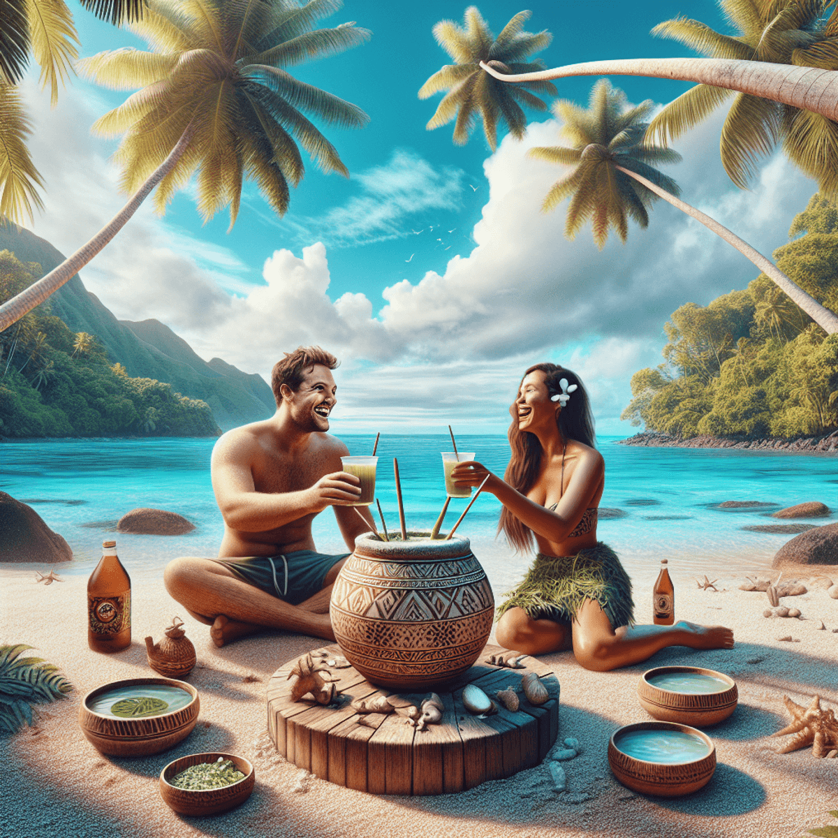 A picturesque beach scene in Fiji featuring a traditional Fijian kava bowl surrounded by filled cups, with a Caucasian man and Hispanic woman smiling and engagi