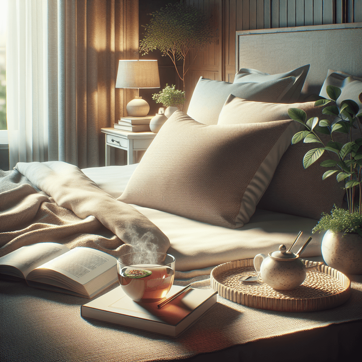 A serene bedroom scene with soft lighting, featuring a comfortable bed with plush pillows, a steaming cup of herbal tea on a bedside table beside an open, illeg