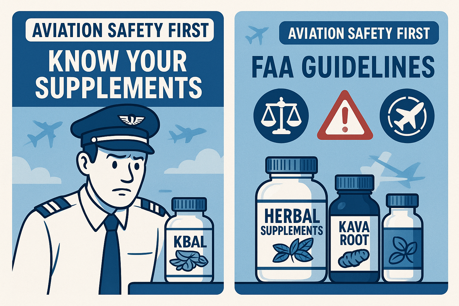 A pilot holding a cup of kava tea in an airplane cockpit, representing the considerations of herbal supplement use and aviation safety