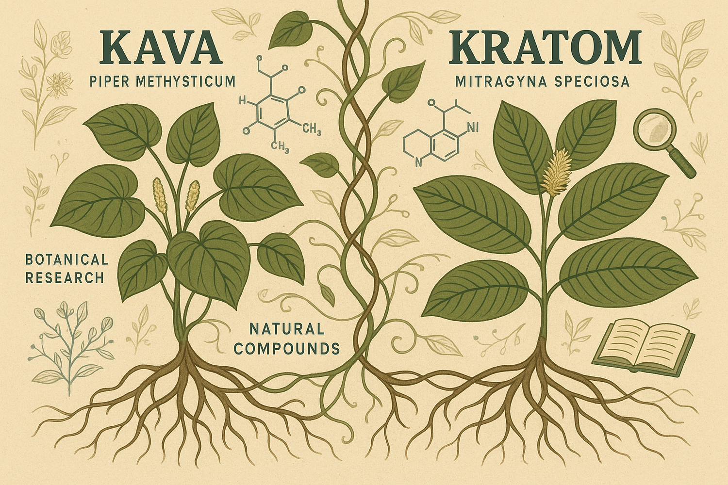 Kava roots and Kratom leaves displayed together on a wooden surface, representing the connection and differences between these two natural herbal supplements.