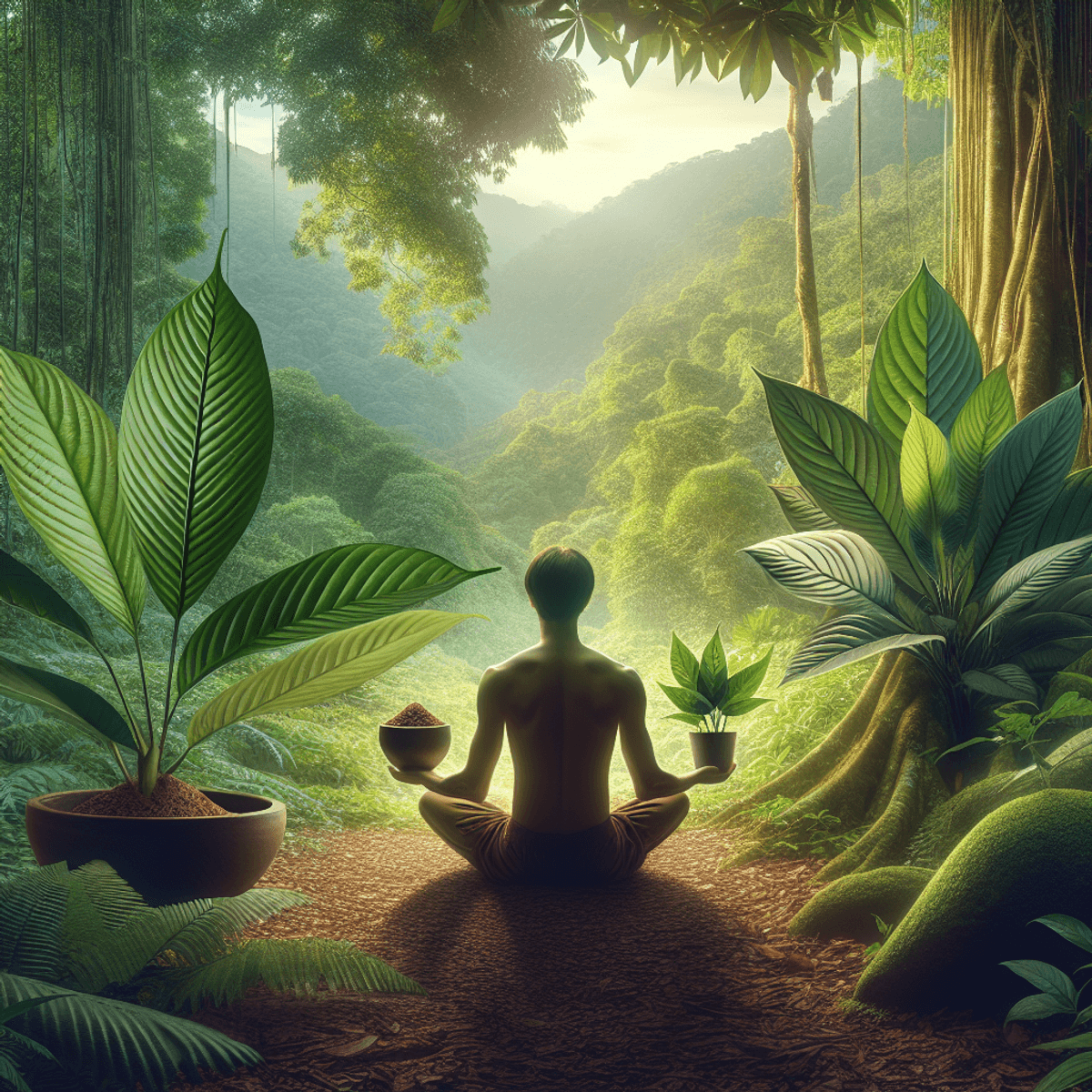 A serene South Asian individual sits cross-legged in a lush, green environment, holding a cup of kava in one hand and kratom leaves in the other. The focus is o