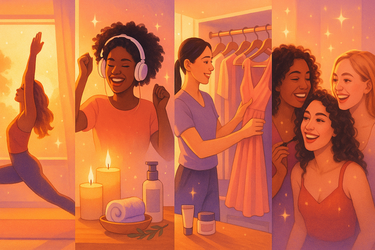 Young adults preparing for a night out, showing joyful activities like dancing, enjoying music, and socializing as natural ways to boost mood.