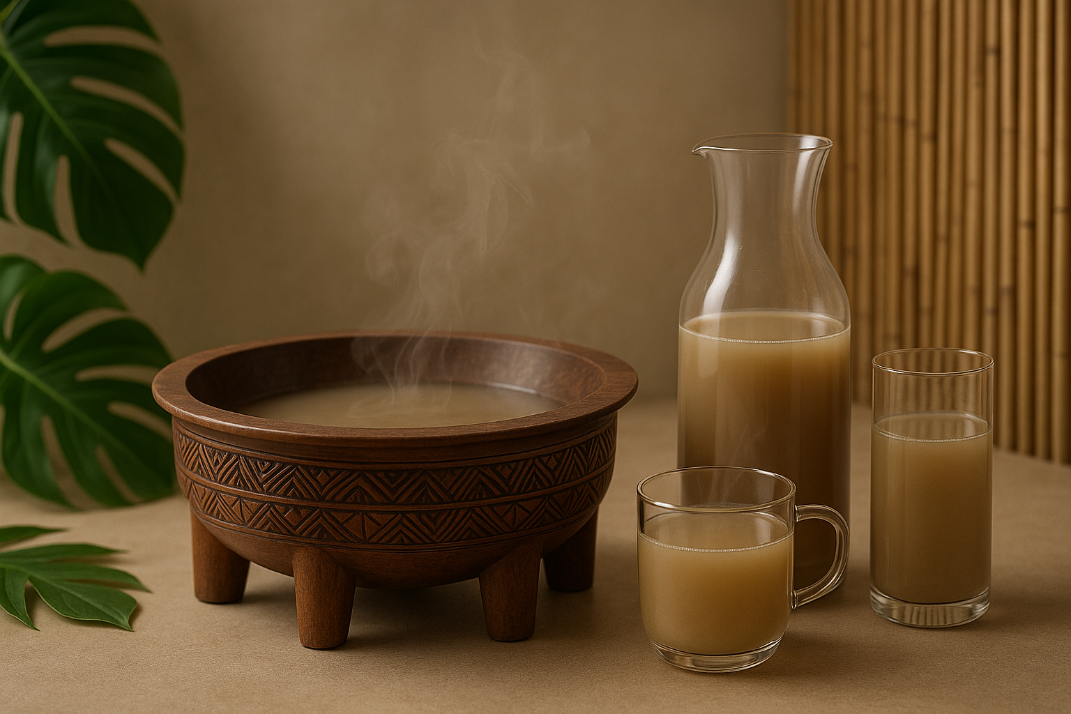 A cup of kava tea with kava roots and tropical leaves in the background, symbolizing the blend of traditional kava practices with modern relaxation. 