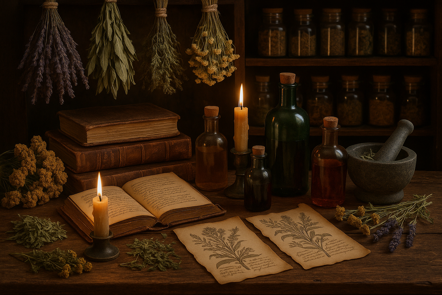 A collection of various fresh and dried herbs on a wooden table, symbolizing the ancient wisdom and uses of herbal remedies for health and wellness.