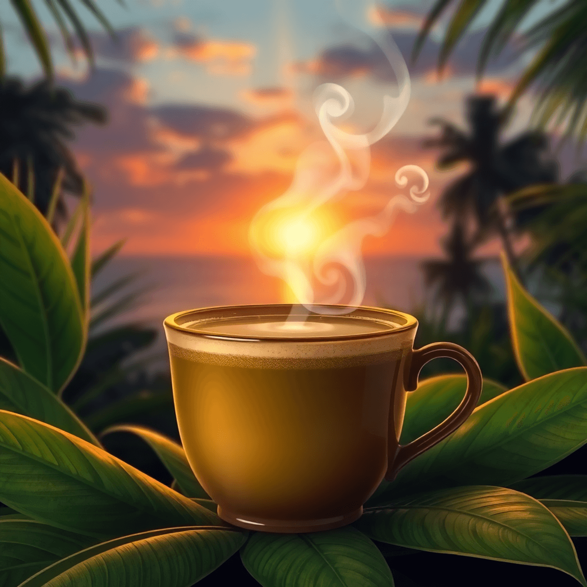 A steaming cup of Kava sits amidst tropical leaves, illuminated by a warm sunset, evoking relaxation and the essence of Kava culture.