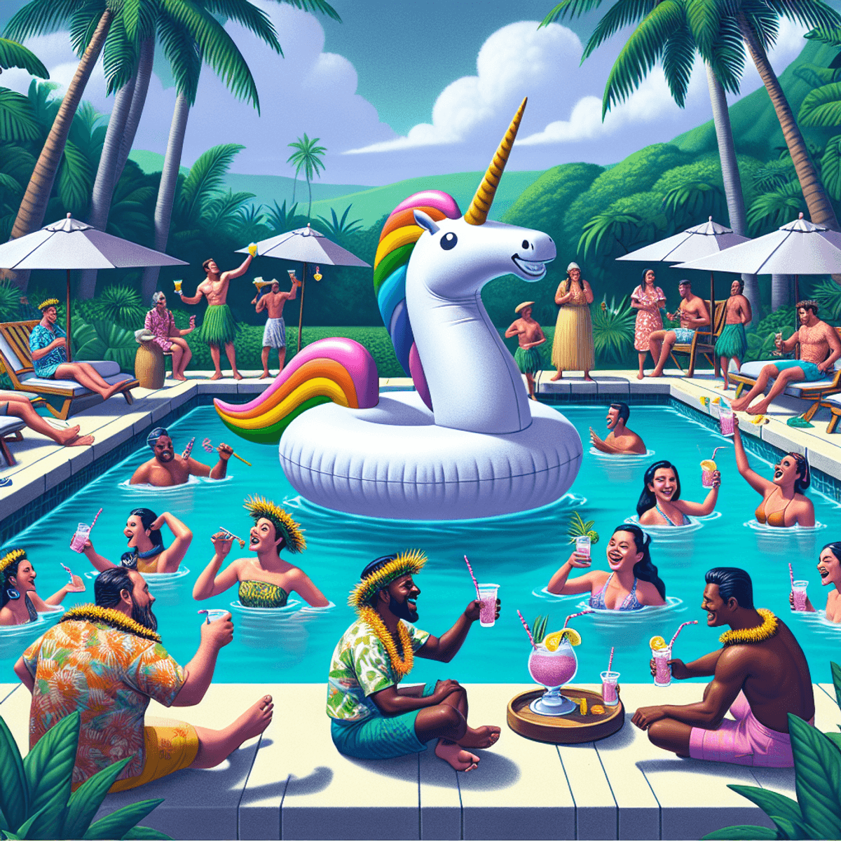 A vibrant pool party scene in a tropical setting, featuring a large unicorn floatie in the swimming pool. Caucasian and Hispanic individuals are joyfully intera