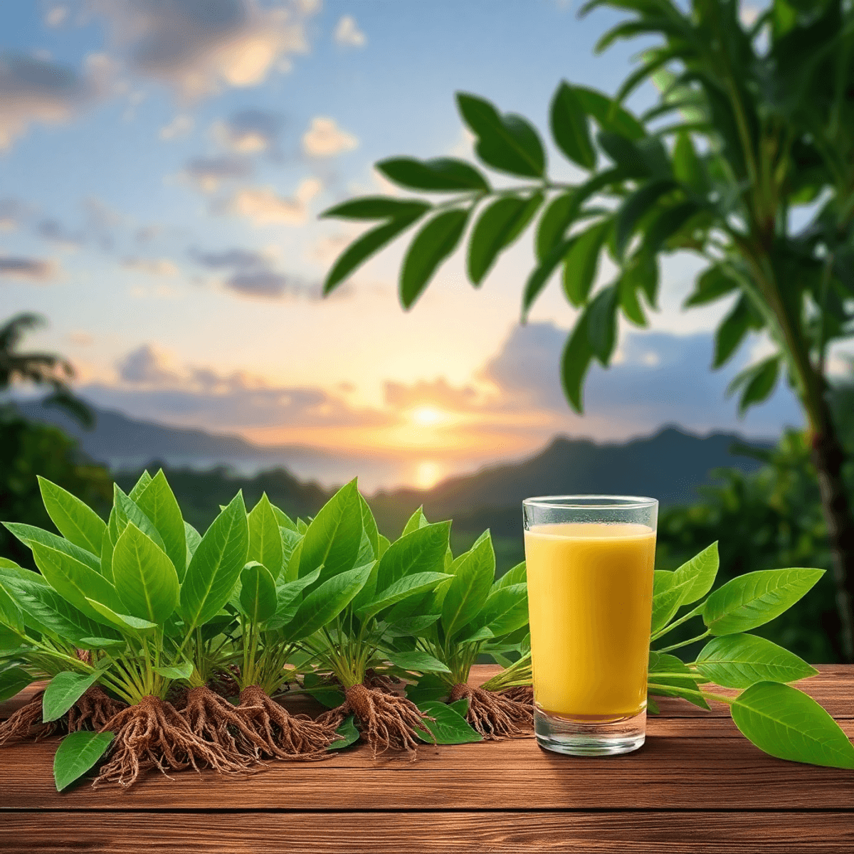 A serene landscape with lush green kava plants in the foreground, showcasing their roots, and a glass of kava drink on a wooden table against a tranquil sunrise