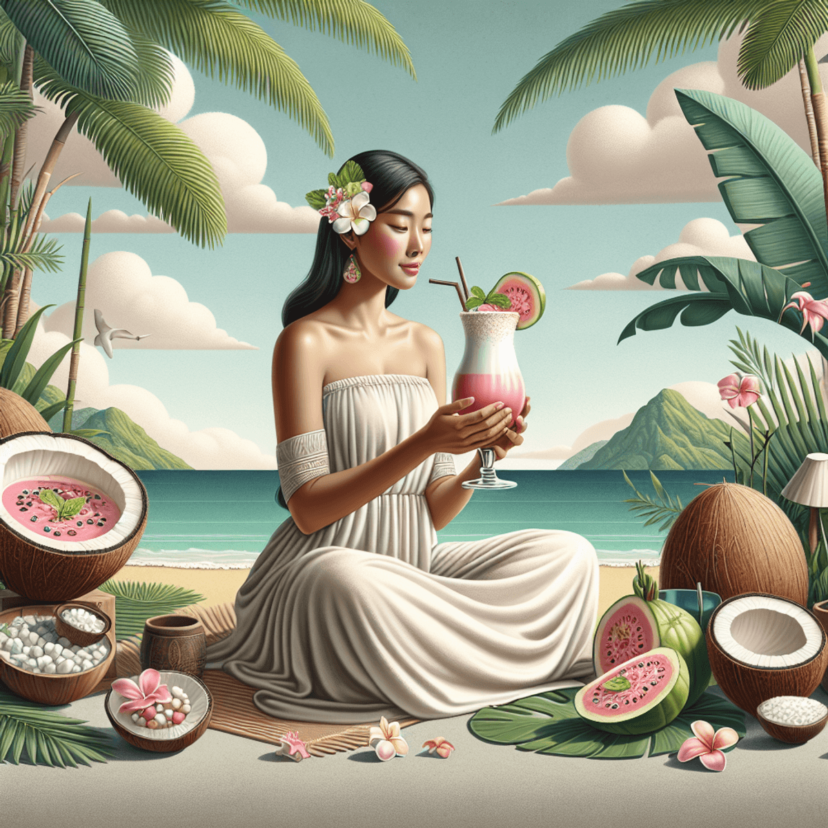 A serene tropical scene featuring an Asian woman seated comfortably, surrounded by lush palm leaves and scattered coconut shells. She embodies relaxation and so