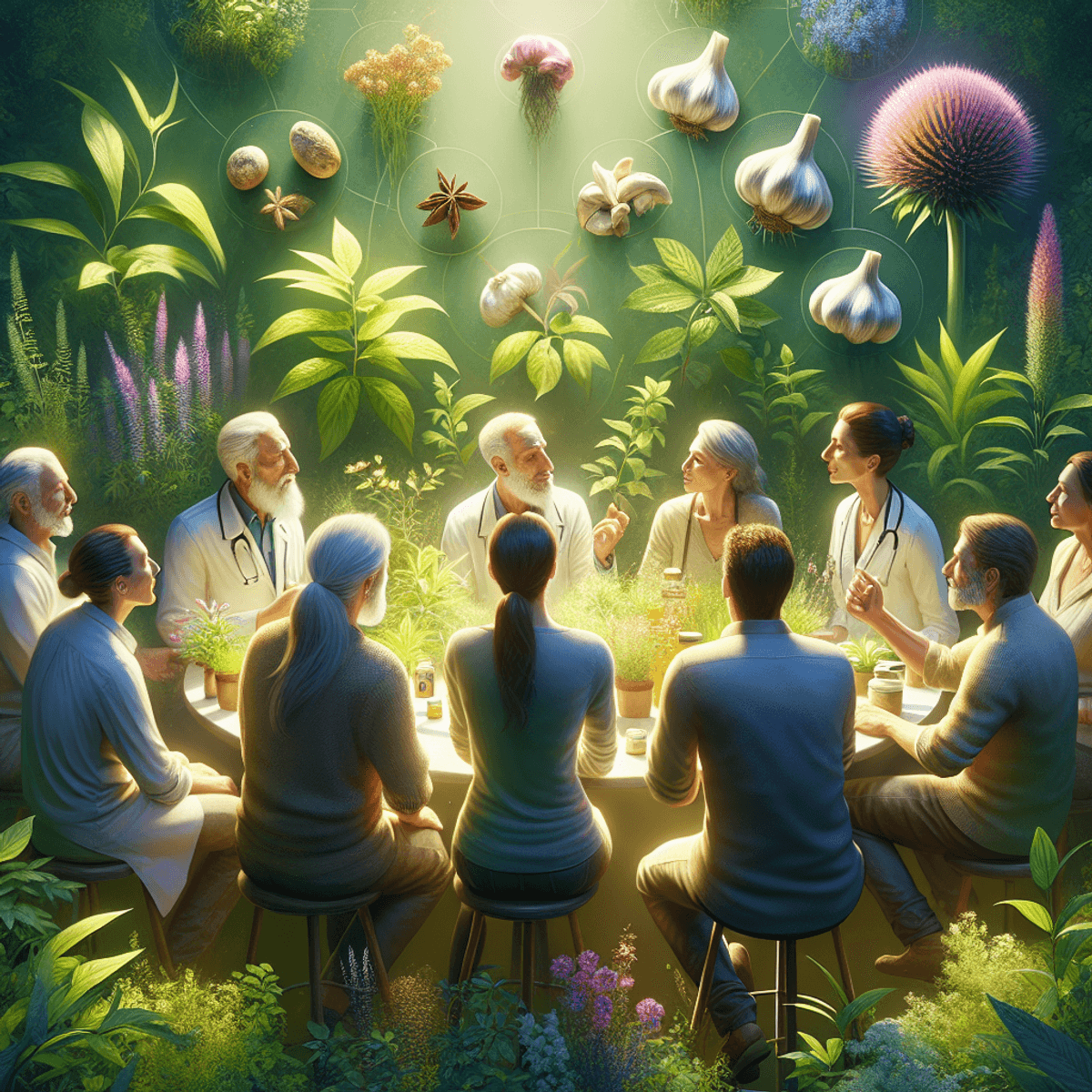 A diverse group of Caucasian and Hispanic individuals gathered in a lush, green environment filled with various herbs and plants, animatedly discussing natural 