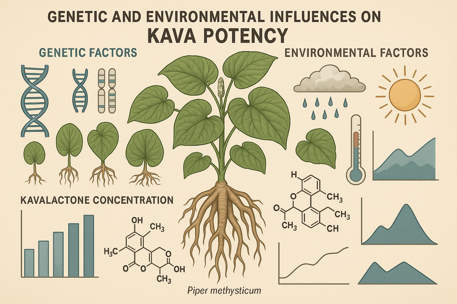 Kava plants in a tropical field with roots and leaves displayed on a table, illustrating how genetic and environmental factors affect kavalactone levels and overall potency.