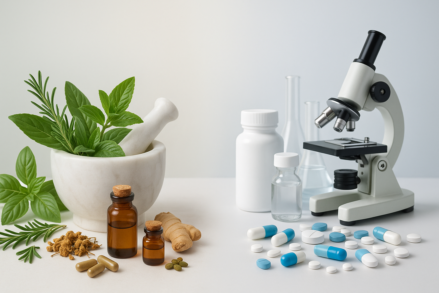 Herbs, powders, and herbal teas alongside prescription pills and capsules on a wooden surface, representing the comparison and balance between herbal medicine and modern pharmaceuticals in healthcare