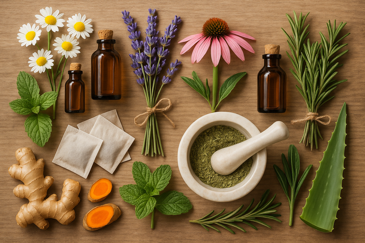 A selection of herbs, powders, and herbal teas arranged on a wooden surface, representing natural remedies for common everyday health issues