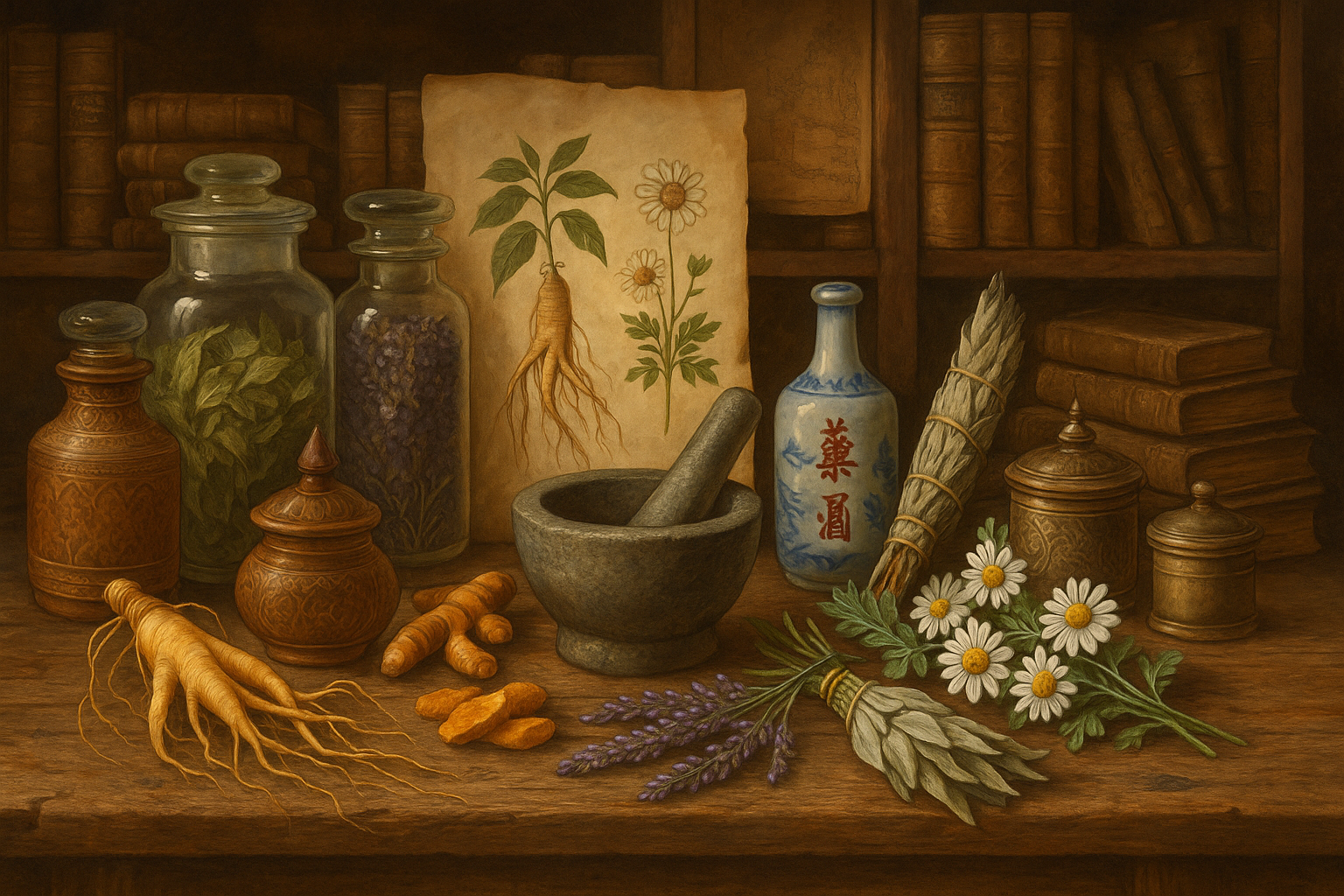 A variety of traditional herbs, roots, and powders from different cultures arranged on a wooden surface, representing global herbal wisdom and remedies