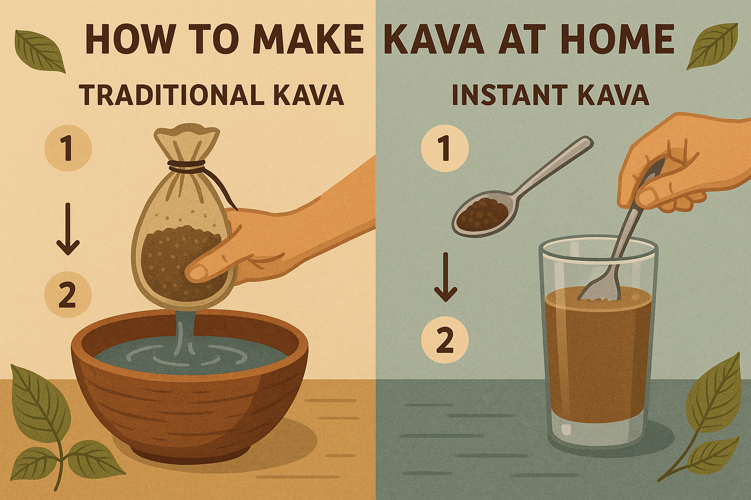 Kava roots, powder, and a prepared cup of kava on a wooden surface, illustrating the process of making kava at home using traditional and instant methods