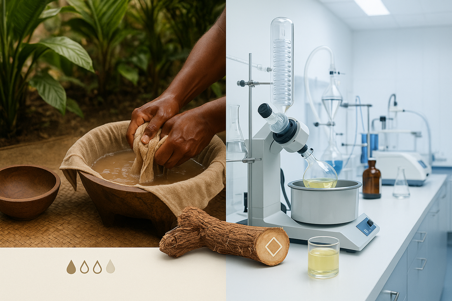 Kava roots and powder alongside laboratory equipment on a wooden surface, illustrating innovations in kava extraction and comparing traditional methods to modern lab techniques for purity.