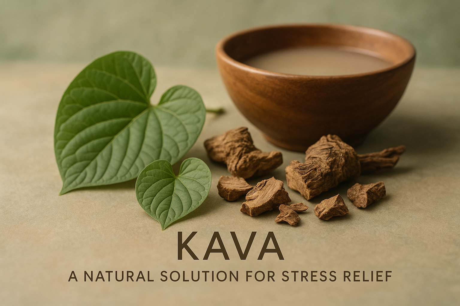 A cup of kava tea with kava roots on a wooden surface, symbolizing its use as a natural remedy for stress relief and relaxation.